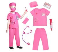 Wbesty Kids Scrubs pour filles Costume de médecin pour enfants Kit de jeu 7pcs avec costume et accessoires pour les fêtes d'Halloween,Rose 5-7Y