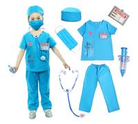 Wbesty Kids Scrubs pour filles Costume de médecin pour enfants Kit de jeu 7pcs avec costume et accessoires pour les fêtes d'Halloween,Bleu 7-9Y