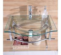 WBJGUOD Ensemble Meuble-lavabo Mural avec Vasque en Verre trempé et Robinet Eau Chaude/Eau Froide, Design Moderne Gain de Place pour Les Petites salles de Bain