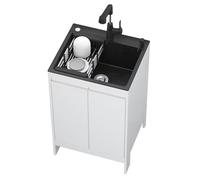 WBJGUOD Évier de buanderie en Acier Inoxydable avec Meuble, Grand modèle autoportant, Robinet extractible et bonde, idéal pour Salle de Bain, Garage et Stations de Lavage commerciales.