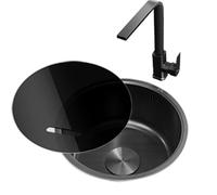 WBJGUOD Évier de Cuisine en Acier Inoxydable avec Robinet d'arrêt, bonde d'évacuation, Tuyau d'arrivée d'eau et Robinet carré (32 x 32 cm)