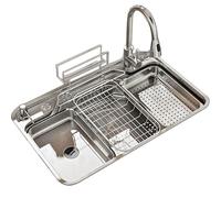 WBJGUOD Évier de Cuisine en Acier Inoxydable avec Robinet d'arrêt, Panier de vidange, cuve et étagère de Rangement, Robinet Rond (78 x 48 cm)