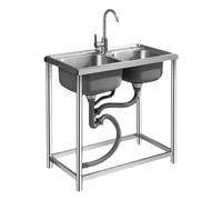 WBJGUOD Évier Double en Acier Inoxydable sur Pied, 2 bacs, avec Robinet et égouttoir, pour Cuisine, Restaurant, Bar, buanderie (72 x 38 x 76 cm)