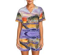 WBQLSL Bass Fish Ensemble de pyjama à manches courtes pour femme avec col boutonné et taille élastique, Noir , L-6XL