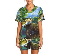 WBQLSL Bass Fish Ensemble de pyjama à manches courtes pour femme avec col boutonné et taille élastique, Noir , 4XL-6XL