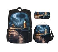 WBQLSL Big Ben Sac d'école avec imprimé Angleterre + trousse + sac à déjeuner pour tous les jours