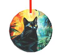 WBQLSL Ce pendentif rond en verre imprimé chat noir géométrique est parfait comme décoration de sapin de Noël, d'anniversaire ou cadeau d'anniversaire.