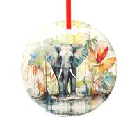 WBQLSL Ce pendentif rond en verre imprimé éléphants mangeant des feuilles de Noël est parfait pour Noël, Halloween et d'autres décorations de vacances.