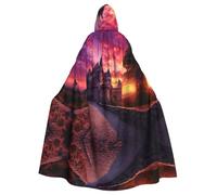 WBQLSL Château au coucher du soleil Halloween cape bal masqué cape à capuche rave costume de fête (longueur 147 cm/hauteur de capuche 38 cm)