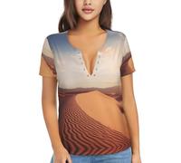 WBQLSL Deserts Pattern Sexy V-Neck Printed Short T-Shirt Voyage Portable Fitness Vêtements Maison et Extérieur, Noir/blanc, S