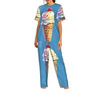 WBQLSL Ensemble de pyjama à manches courtes pour femme Imprimé crème glacée - Vêtement d'été décontracté léger, Noir , S