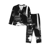 WBQLSL Ensemble de pyjama à manches longues avec imprimé chaton incolore, simple et confortable, Noir , S-3XL