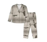 WBQLSL Ensemble de pyjama à manches longues imprimé avions de la Seconde Guerre mondiale, simple et confortable, Noir , XL-3XL
