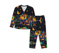 WBQLSL Ensemble de pyjama à manches longues imprimé château coloré, simple et confortable, Noir , XXL-3XL
