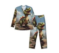 WBQLSL Ensemble de pyjama amusant à motif de petit dinosaure pour homme, vêtement de détente à manches longues, taille élastique, poches latérales pratiques, Noir/blanc, M