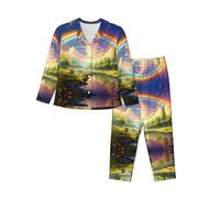 WBQLSL Ensemble de pyjama chaud pour femme, imprimé arc-en-ciel, pyjama à manches longues, détente à la maison, Noir , L