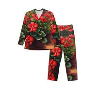 WBQLSL Ensemble de pyjama doux à manches longues avec motifs de géraniums rouges pour homme, vêtements de détente décontractés, taille élastique, deux poches latérales, Noir , L