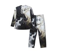 WBQLSL Ensemble de pyjama doux à manches longues avec motifs marbrés noirs et blancs pour homme, vêtements de détente décontractés, taille élastique, deux poches latérales, Noir , XL