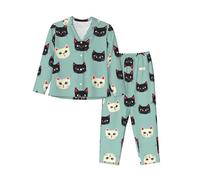 WBQLSL Ensemble de pyjama pour femme, automne/hiver, motif chaton, respirant et doux, à manches longues, chaud, Noir , S