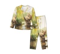 WBQLSL Ensemble de pyjama pour femme automne/hiver motif de pêche - Respirant et doux - Manches longues - Chaud, Noir , S