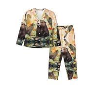 WBQLSL Ensemble pyjama à manches longues et vêtements d'intérieur pour femmes Motif marmotte abstrait (tailles S-XXL), Noir , L
