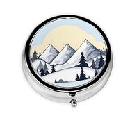 WBQLSL Mini pilulier rond, 3 cloisons, pilulier portable, peut être mis dans un portefeuille, une poche, léger et pratique, motif montagnes enneigées blanches