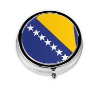 WBQLSL Mini pilulier rond, 3 cloisons, pilulier portable, peut être mis dans un portefeuille, une poche, léger et pratique, motif drapeau de Bosnie-Herzégovine