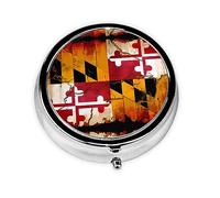 WBQLSL Mini pilulier rond, 3 cloisons, pilulier portable, peut être mis dans un portefeuille, une poche, léger et pratique, motif drapeau du Maryland en bois vintage