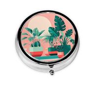 WBQLSL Mini pilulier rond, 3 cloisons, pilulier portable, peut être mis dans un portefeuille, une poche, léger et pratique, beau motif de plantes vertes en pot