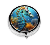 WBQLSL Mini pilulier rond, 3 cloisons, pilulier portable, peut être mis dans un portefeuille, une poche, léger et pratique, motif hippocampe bleu