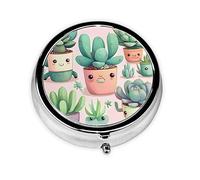 WBQLSL Mini pilulier rond, 3 cloisons, pilulier portable, peut être mis dans un portefeuille, une poche, léger et pratique, joli motif de plantes succulentes