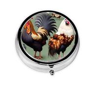 WBQLSL Mini pilulier rond, 3 compartiments, pilulier portable, peut être mis dans un portefeuille, une poche, léger et pratique, motif coq et poule