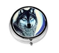 WBQLSL Mini pilulier rond, 3 compartiments, pilulier portable, peut être mis dans un portefeuille, une poche, léger et pratique, motif loup sous la lune