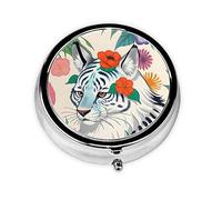 WBQLSL Mini pilulier rond, 3 compartiments, pilulier portable, peut être mis dans un portefeuille, une poche, léger et pratique, joli motif tigre blanc