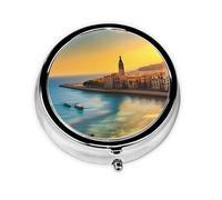 WBQLSL Mini pilulier rond, 3 compartiments, pilulier portable, peut être mis dans un portefeuille, une poche, léger et pratique, motif coucher de soleil à Barcelone