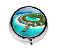 WBQLSL Mini pilulier rond, 3 compartiments, pilulier portable, peut être mis dans un portefeuille, une poche, léger et pratique, motif paysage des Maldives