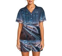 WBQLSL Night Express Ensemble de pyjama à manches courtes pour femme avec col boutonné et taille élastique, Noir , 3XL-6XL