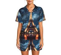 WBQLSL Paris Tower Ensemble de pyjama à manches courtes pour femme - Avec poches - Pyjama cardigan, Noir , 4XL-6XL