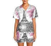 WBQLSL Peinture à l'huile Paris Tour Eiffel Ensemble de pyjama à manches courtes pour femme - Avec poches - Pyjama cardigan, Noir , 5XL-6XL