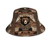WBQLSL Rustic Lodge Bear - Chapeau bob imprimé - Pliable double face - Convient pour le cyclisme, la randonnée et les voyages - Noir