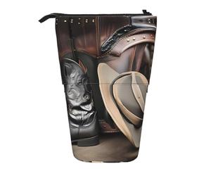 WBQLSL Trousse à crayons rétractable avec chapeau de cowboy noir et bottes occidentales, parfaite pour le maquillage, la papeterie ou un porte-monnaie.