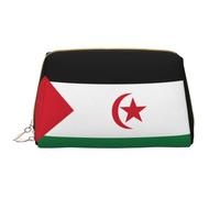WBQLSL Trousse de maquillage en cuir avec motif drapeau du Sahara occidental, trousse de maquillage de voyage portable, sac de rangement cosmétique de grande capacité avec poches,
