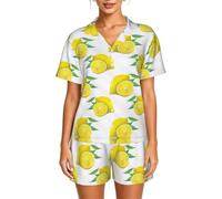 WBQLSL Yellow Lemon Ensemble de pyjama à manches courtes pour femme avec col boutonné et taille élastique, Noir , XS-6XL