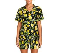 WBQLSL Yellow Lemon Ensemble de pyjama à manches courtes pour femme - Avec poches - Pyjama cardigan, Noir , XXL-6XL