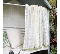 WBQYIPD Rideaux Courts Beiges, Rideaux de Cuisine Rayé en Dentelle Brodée avec Pompons Verts, Rideaux en Voilage Semi-Transparents pour Petites Fenêtres(WxH116x80cm/46x32in)