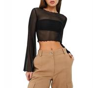 WBRSybUK Haut Court Transparent en Maille pour Femme, Chemisier À Manches Longues, À Volants, Tendance, Sexy, Clubwear(Black,Medium)