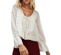 WBRSybUK Hauts À Manches Longues en Dentelle pour Femmes, Style Bohème, Boutonné, Noué sur Le Devant, Cardigan en Mousseline De Soie, Chemisier Fluide pour Les Vacances À La Plage,L,White