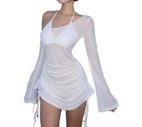 WBRSybUK Hauts De Plage, Robe Blanche À Manches Longues, Mini-Jupe Plissée Transparente avec Cordon De Serrage, pour Couvrir Les Maillots De Bain(Medium)