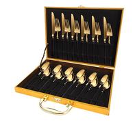 WBTAJZHY Couverts en INOX, Ensemble d'argenterie 24 pièces en Acier Inoxydable, Coffret Cadeau Haut de Gamme, Ensemble Couverts, Couteau à Steak, Fourchette et cuillère(Black/Gold)