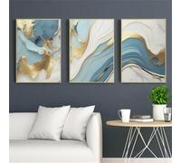 WBYZAC 3 Images Set-Tableau Abstrait à Texture Marbre Bleu et or sur Toile Affiche Ou Impression D'Art Mural pour Salon Cuisine Bureau Décoration Intérieure-40x50cm (sans cadre)